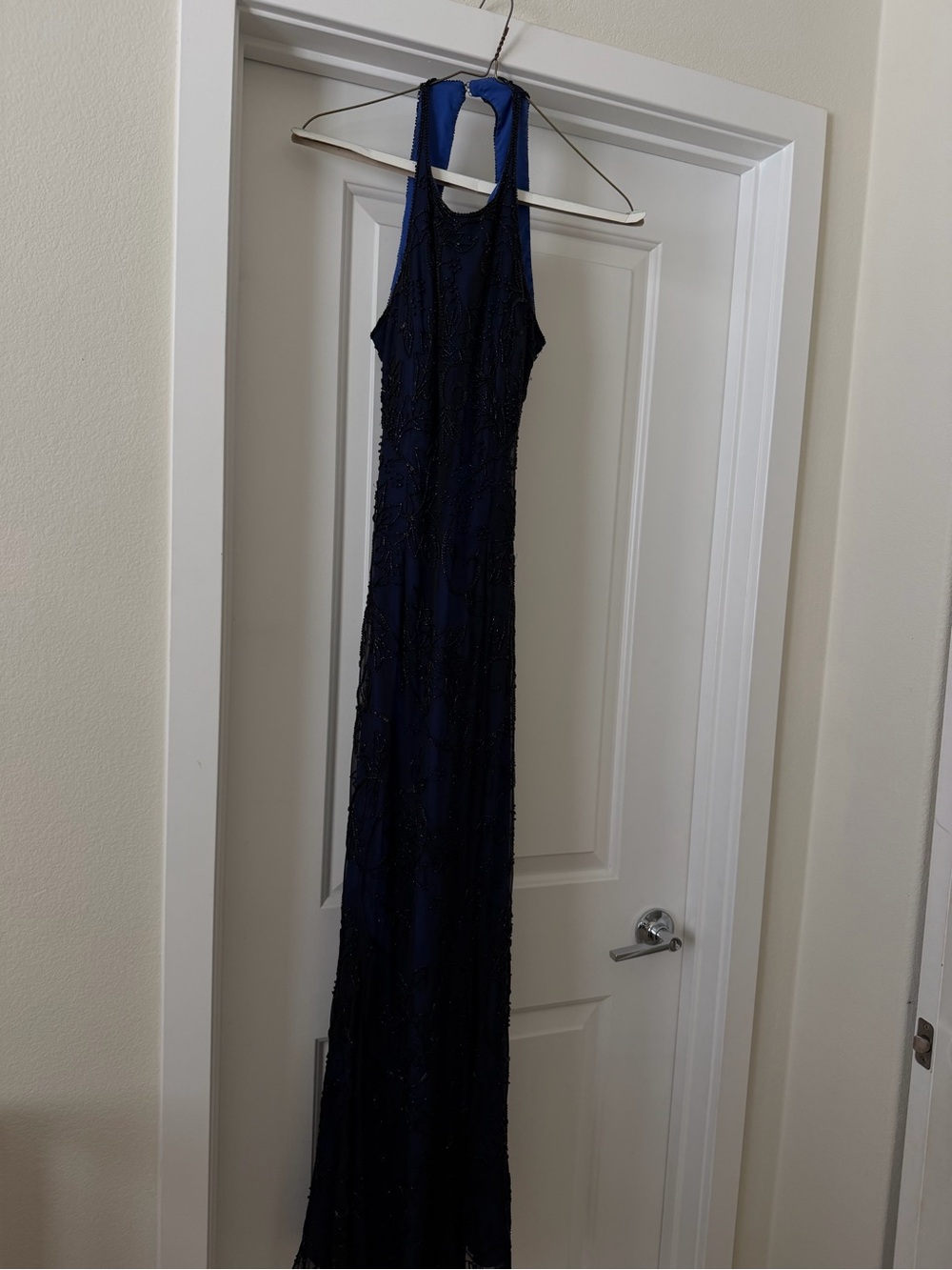 Sean Collection Navy Beaded Halter Prom Dress